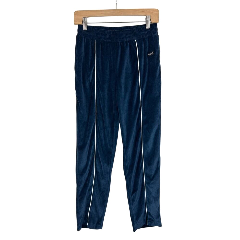 Stussy Blue Velour Track Pants with White Piping Women’s Size Small
